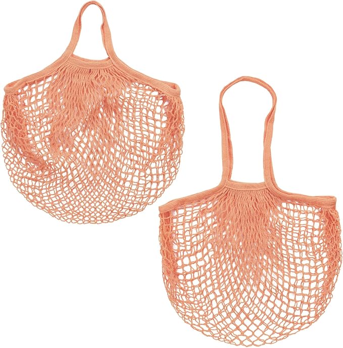 M METERXITY 2-Pack Cotton Mesh Bag, Reusable Washable Mesh Net String Grocery Bags, Reusable Produce Bags with Handle, Net Tote Bag for Fruits Shopping [Pink Brown, Long&Short Handle]