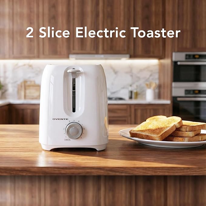 OVENTE Electric 2 Slice Toaster Machine 6-Shade Setting, White TP2210WGY | Compact Design and Removable Crumb Tray, 700W Power Perfect for Toasting Bread, Thin Bagels and Waffles