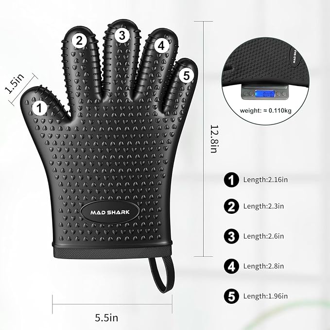 MAD SHARK Silicone Oven Mitts with Fingers Heat Resistant 450°F in Kitchen | Waterproof & Non-Slip Oven Gloves,Cotton Lined Silicone Kitchen Mitts for Baking Cooking Barbecue,Women (Black)