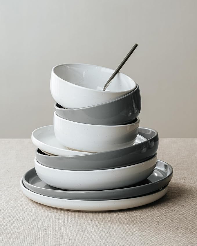 Famiware Milkyway 12-Piece Stoneware Dinnerware Set, White & Dark Gray | Plates and Bowls for 4, Dishes Set for Everyday & Formal Use, Microwave & Dishwasher Safe, Chip & Scratch Resistant