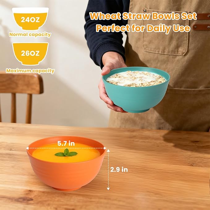 Plastic Bowls Alternative, Unbreakable Wheat Straw Cereal Bowls 8 PCS - Microwave & Dishwasher Safe Bowl for Cereal, Snack, Rice, Salad, Soup Bowls for Kitchen, Camping, Party(Muliti,26 OZ)