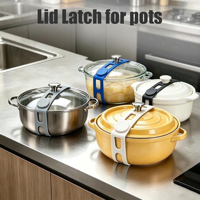 4 Pack Lid Latch for Pots, Reusable Silicone Crock Pot Lid Strap, Adjustable Lid Latch for Slow Cooker, Pot Lid Holder, Food Grade Stretch Tie for Travel, Transport and Storage