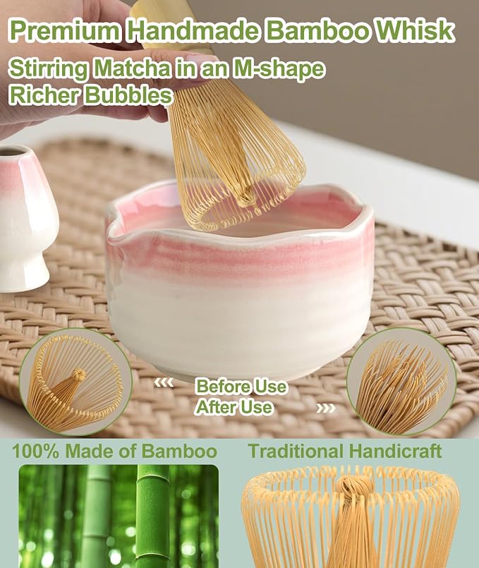 JBER Matcha Whisk Set, Ceramic Matcha Set Includes Bowl & Holder, Bamboo Whisk (Chasen), Sifter, Scoop, Spoon & Rest - 7PCS Matcha Kit Gift for Matcha Lovers & Beginners, Gradient Pink | Complete Matcha Kit Includes 17oz Bowl, Handmade Whisk 100 Prongs...