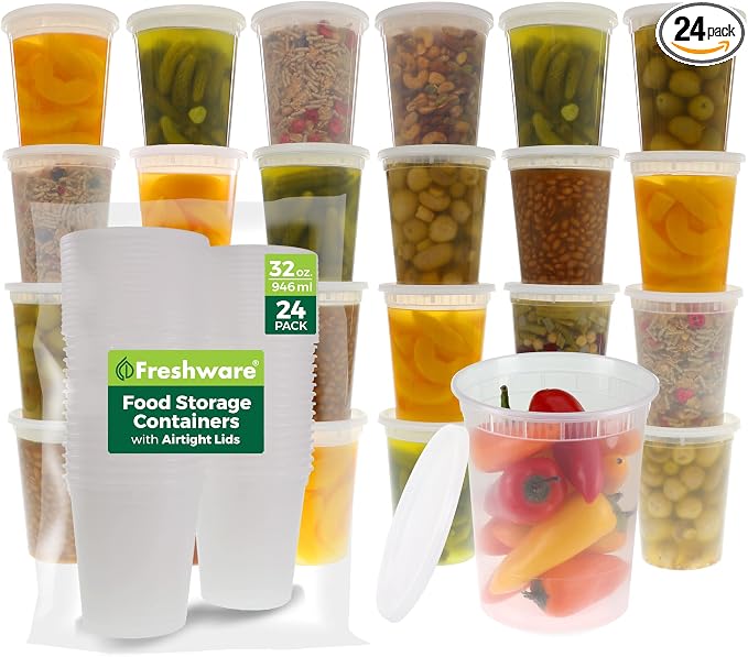 Freshware Food Storage Containers [24 Set] 32 oz Plastic Deli Containers with Lids, Slime, Soup, Meal Prep Containers, BPA Free, Stackable, Leakproof, Dishwasher and Freezer Safe, Translucent