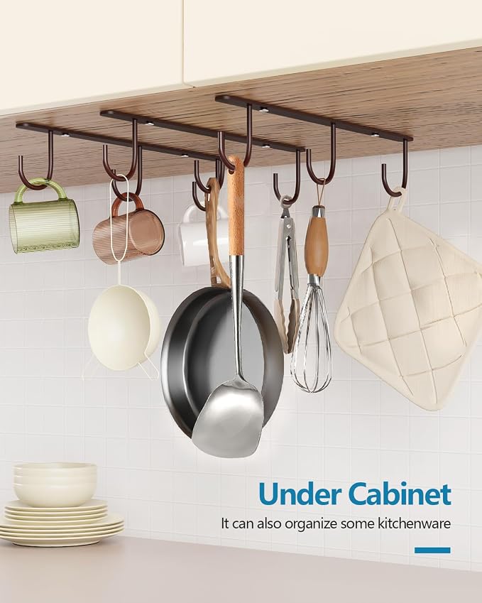 3 Pack Mug Hooks Under Cabinet with 9 Hooks for Displaying Mugs, Brown | Coffee Mug Holder for Hanging Under Shelf, Cup Hanger, Coffee Cups and Kitchen Utensils