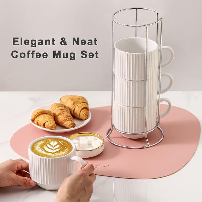 HASENSE 15 oz Ribbed Stackable Coffee Mug Set of 4, Porcelain Latte Cups with Metal Rack, Dishwasher & Microwave Safe, Cappuccino Tea Hot Cocoa, White