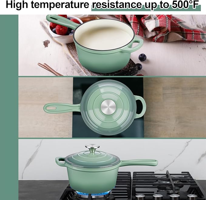 Leonyo 1Qt & 2Qt Saucepan Set, Cast Iron Dutch Oven Pot, Pistachio Green | For All Cooktops Cooking Pasta, Milk, Oatmeal - Up to 500°F & Nonstick