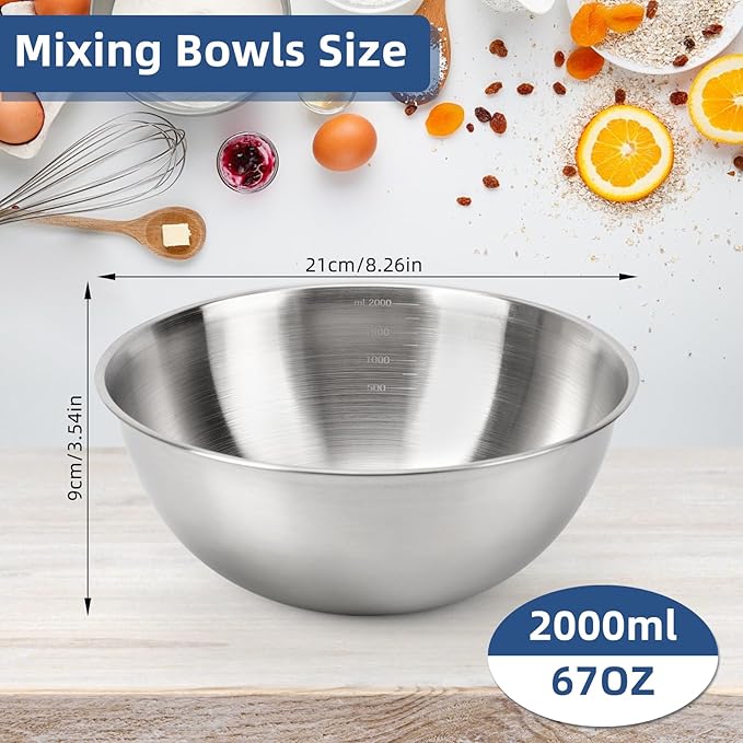 3-Piece Stainless Steel Mixing Bowls (8.26") Metal Bowl Set with Measurement Marks, Dishwasher Safe & Stackable - Perfect for Baking, Salad Making, Meal Prep