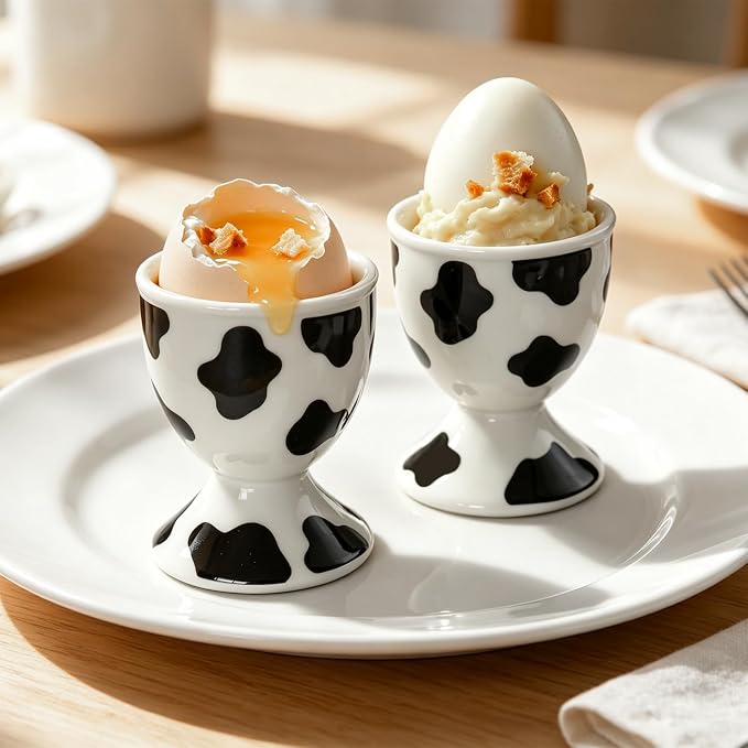 Cinf Ceramic Egg Cups, Set of 2, Cow Print Boiled Egg Holders for Breakfast | Set of 2 ceramic egg cups, classic white design, easy to clean, ideal for boiled eggs, breakfast serving and holiday gifting