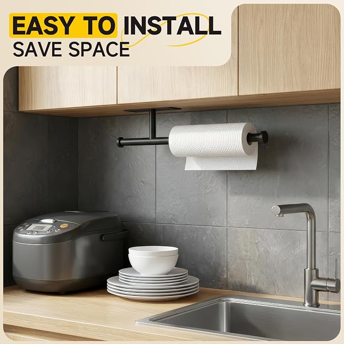 Paper Towel Holder Wall Mount - Self Adhesive No Drill or Drilling, SUS304 Stainless Steel - Kitchen, Bathroom, Sink, Pantry, Fridge(Black) | Maximize countertop space with secure roll storage. Fits kitchens, bathrooms, RVs and pantries with flexible m...