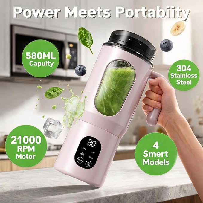 Lilogi 580ML Portable Blender with LED Display, 12-Blade USB-C Rechargeable Travel Blender with Handle & Extra Lid, Ideal for Kitchen, Office, Gym & Outdoor Sports