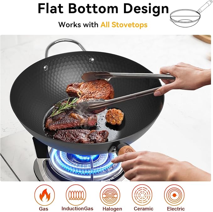 WANGYUANJI Carbon Steel Wok with Lid, 12.6" Hammered Stir Fry Pan with Helper Handle & Iron Spatula, Thickened Heavy Duty Flat Bottom Wok for Induction, Electric & Gas Stoves, Metal Utensil Safe