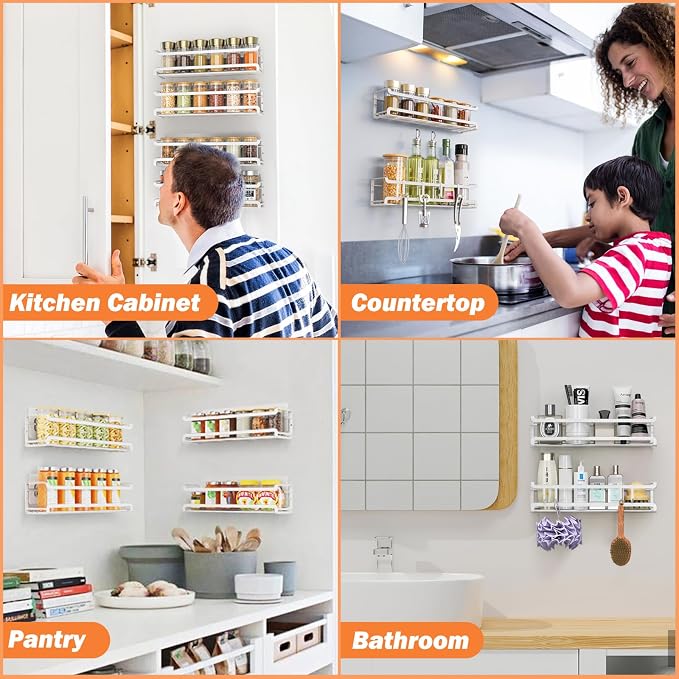 Bunoxea Spice Rack Wall Mounted 4 Pack, White,11.41x2.75x2.75in | 4 Removalble Hooks,Screw or Adhesive Hanging,Space-Saving,For Kitchen Cabinet, Pantry Door,Stove,RV