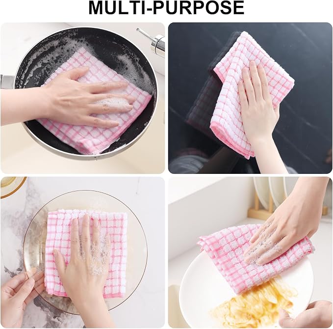 Kitinjoy Cotton 8 Pack Terry Kitchen Dish Cloths, Pink | 12 x 12 Inches Super Soft and Absorbent Dish Rags, Quick Drying Dish towels for Washing Dishes