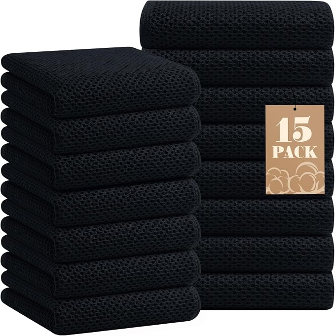 Homaxy 100% Cotton Waffle Weave Kitchen Towels, 15-Pack, Black | Ultra Soft Absorbent Dish Towels, Quick Drying Cleaning Towels, 13 x 28 Inches