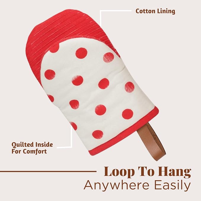 Folkulture Oven Mitts, Polka Red, Set of 2, Heat Resistant - (5.75"x9") | 100% Cotton, Non Slip, Silicone, Cute Mini Mits with Hanging Loop, Kitchen Décor, Cooking Gifts, New Home Essentials