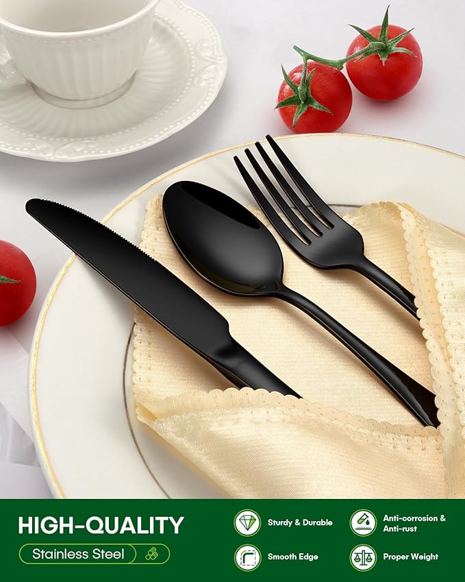 PHILIPALA 65 Piece Black Silverware Set with Serving Utensils, Stainless Steel Flatware Set for 12 Food Grade Cutlery Utensil Set Include Knife Fork Spoon Mirror Polished Dishwasher Safe