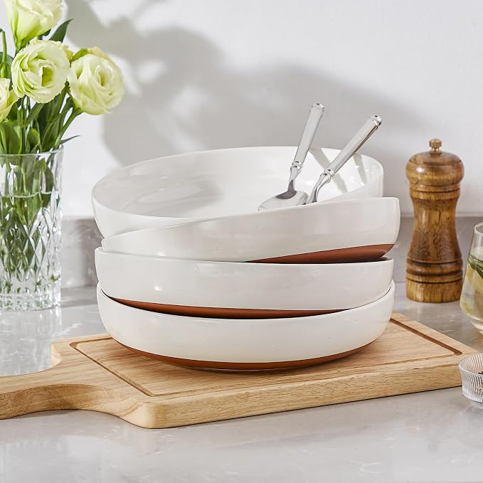 MALACASA 48 Oz Pasta Bowls Set of 4, Ceramic Soup Bowls, TARA Khaki White | Microwave and Dishwasher Safe, Chip-Resistant, For Salad, Soup, Fruit, and Dessert, 9 Inch Wide, Stackable, Modern Design