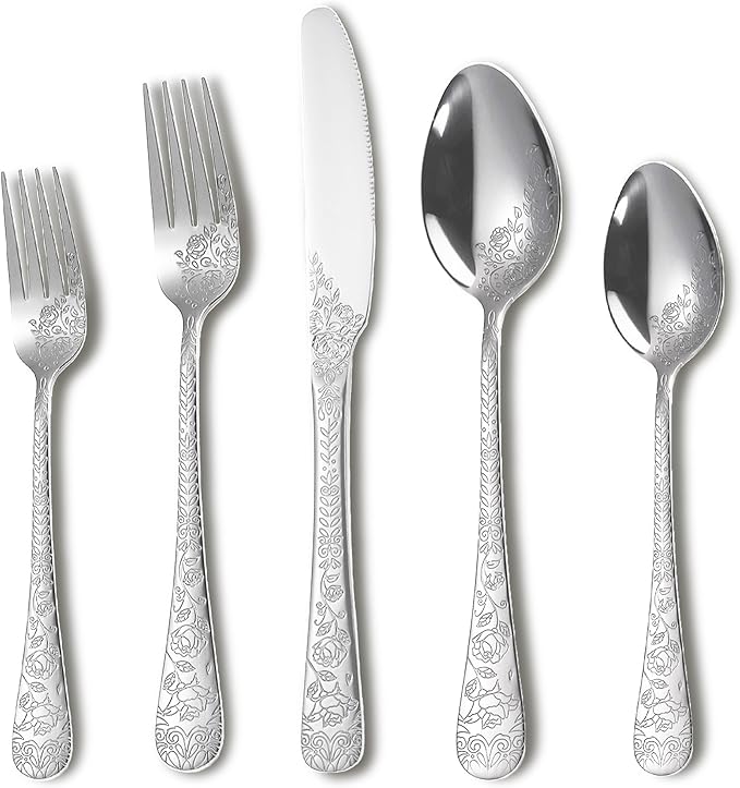 Runfly Modern Carved Floral Silver Stainless Steel 20-Piece Flatware Set | Silverware Set, Vintage Utensil Set, Cutlery Set for Home and Kitchen, with Knife/Fork/Spoon