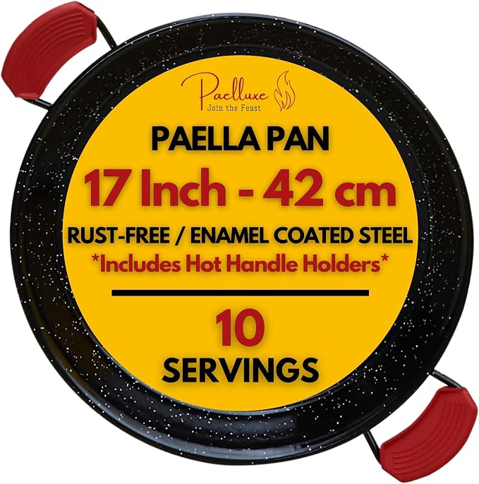 Paelluxe Paella Pan Enameled No-Rust Steel Skillet - 17 Inch, 10 Servings | 1.2mm Carbon Steel, Easy-Clean Enamel, Propane Safe, Spans 2 Stove Burners, Indoor & Outdoor, Silicone Handle Holders