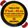 Paelluxe Paella Pan Enameled No-Rust Steel Skillet - 17 Inch, 10 Servings | 1.2mm Carbon Steel, Easy-Clean Enamel, Propane Safe, Spans 2 Stove Burners, Indoor & Outdoor, Silicone Handle Holders