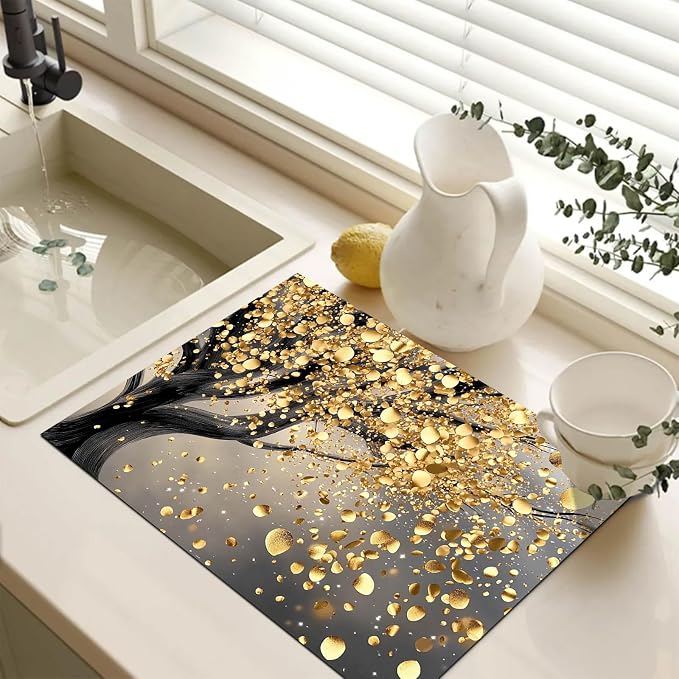 HOMETITUTE Golden Breeze Tree Stove Top Cover 28x20 Gold Leaf Diatomite Mat