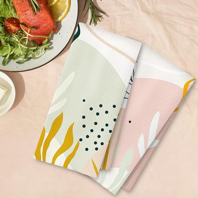 Abstract Boho Floral Kitchen Towels Set of 2, Green and Pink Boho Botanical Leaf Dish Tea Towels for Kitchen Decor, Mid Century Modern Hand Towels for Bathroom Decor, 16x24 Inch