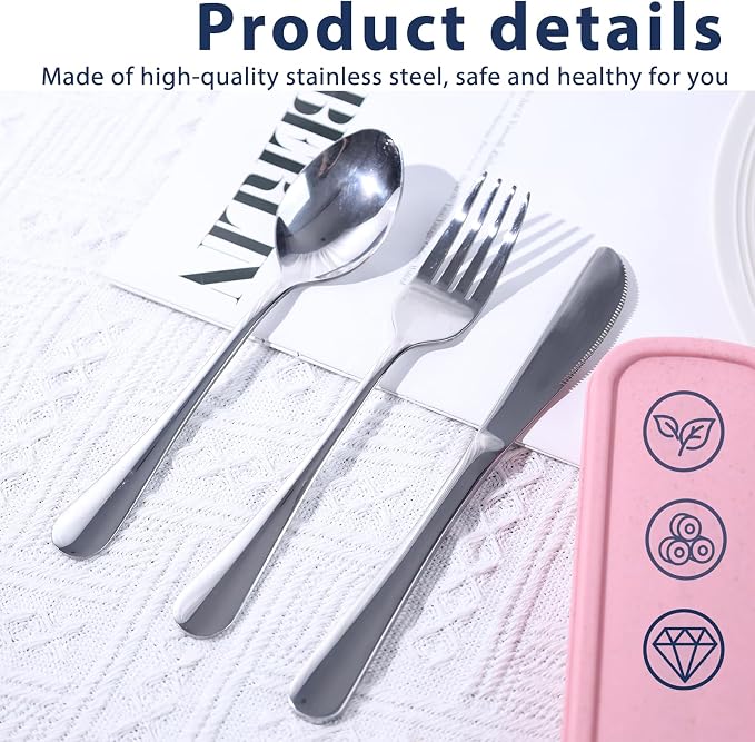 HANSGO Travel Utensils with Case, 4PCS Stainless Steel Portable Cutlery Set, Built-in Card Slot Design, Lunch Utensils for Work, School, Travel & Gifts for Women, Pink