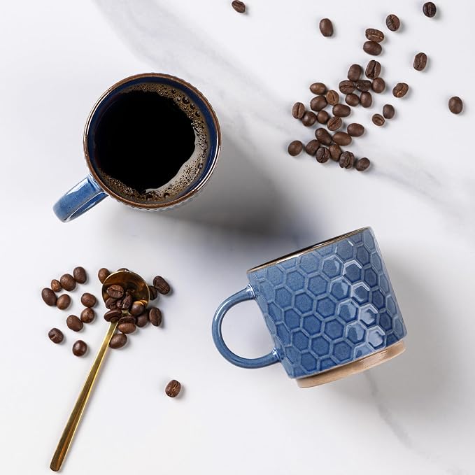 GBhome 6 OZ Stackable Coffee Mugs Set of 4, Ceramic Coffee Cups Set | 4 Assorted Designs, Embossed Mugs with Texture Patterns for Espresso/Tea, Dishwasher&Microwave Safe, Blue