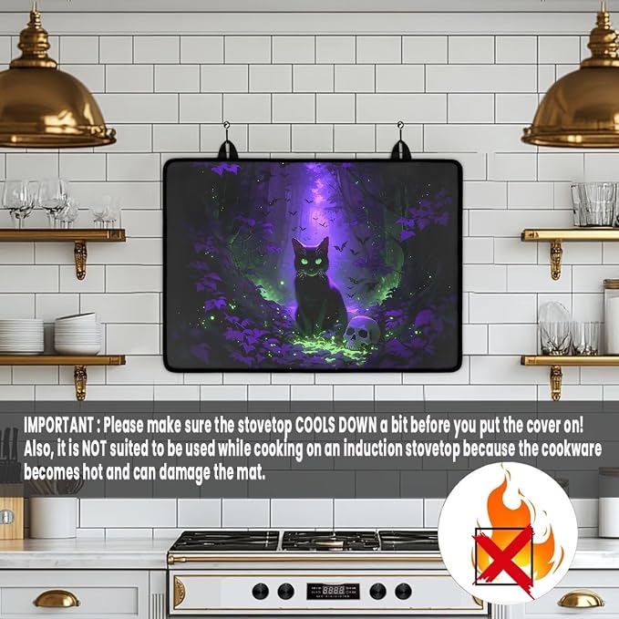 Gothic Black Cat Stove Top Covers for Gas Burners, Wear Resistant Electric Stove Top Cover, Anti Scalding Flat Range Stovetop Protector, Thick Dish Drying Mat, Easy to Clean