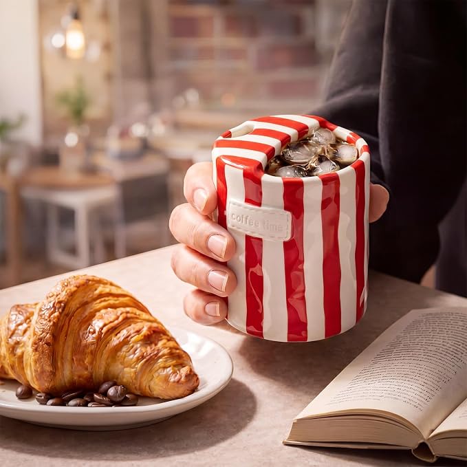 1 Pack Ceramic Mug with Sip Hole, Simple, Red | 10oz Ceramic Coffee Cup with Straws, Retro Hand Painted Striped, for Iced Coffee Tea Latte Espresso, Kitchen Dining Travel