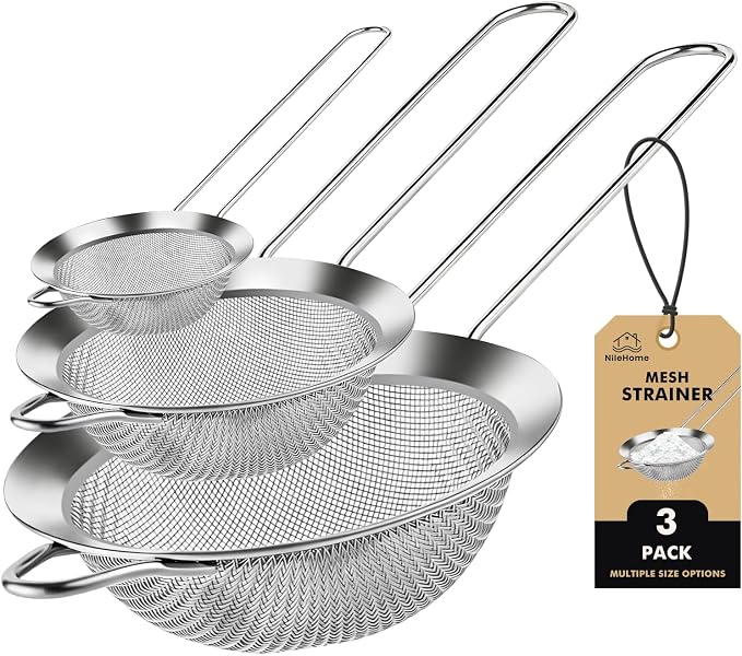 NileHome 3 Piece Mesh Strainers, Stainless Steel Strainer for Sifting, Straining, Cooking Kitchen Strainers Fine Mesh for Flour, Pasta, Loose Tea, Fruit, and Rice, Silver(2.8"+4.6"+6.3")