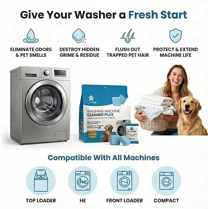 FURME Washing Machine Cleaner MAX Tablets for Pet Owners – 24 Pack Deep Cleaning Descaler for HE Front & Top Load Washers – Removes Pet Hair Odor, Residue & Grime – Septic Safe – 12 Month Supply