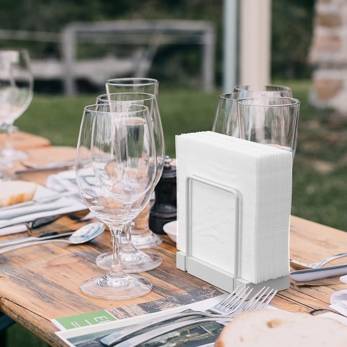 Wican Napkin Holder for Table, Bamboo Iron Standing Napkin Dispenser | Kitchen Dining Table Farmhouse Cocktail Picnic Bar Rustic Wood Holders, Mail Bills, Suitable All Dining Room Decors, White