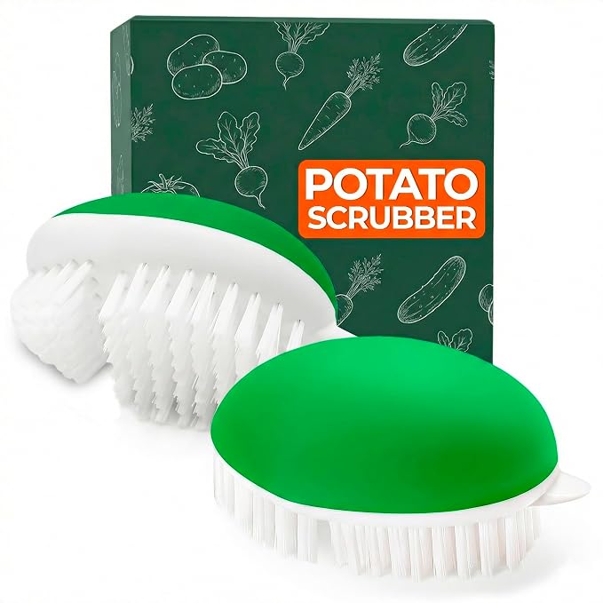 2 Pcs Potato Scrubber Brush, 2.3"x3.9", Soft and Stiff Bristles | Vegetable Brush Scrubber for Food, Ergonomic Design, Crack-Resistant Frame, Drawer Storage; for Carrots, Apples, & Mushrooms