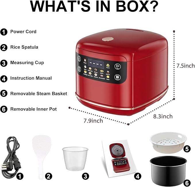 Portable Digital Rice Cooker, 6-Cup (Uncooked)/12-Cup (Cooked) Small Rice Maker with Steaming Basket, Mini Rice Cooker with 2L Removable Nonstick Inner Pot, 10 Menu Options, Auto Keep Warm, 24 Hour Delay Timer (Dark Red)