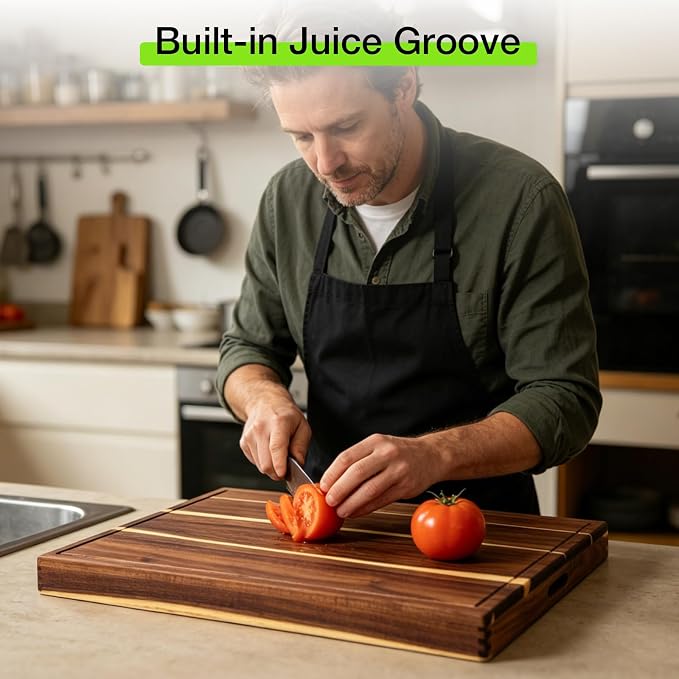 FAHKNS Natural Acacia Wood Noodle Board Stove Cover, 30 X 22 X 2.4" | Multifunctional Stove Cover for Electric Gas Stove Top, with Handles & Juice Groove, Use as Serving Tray, Cutting Board