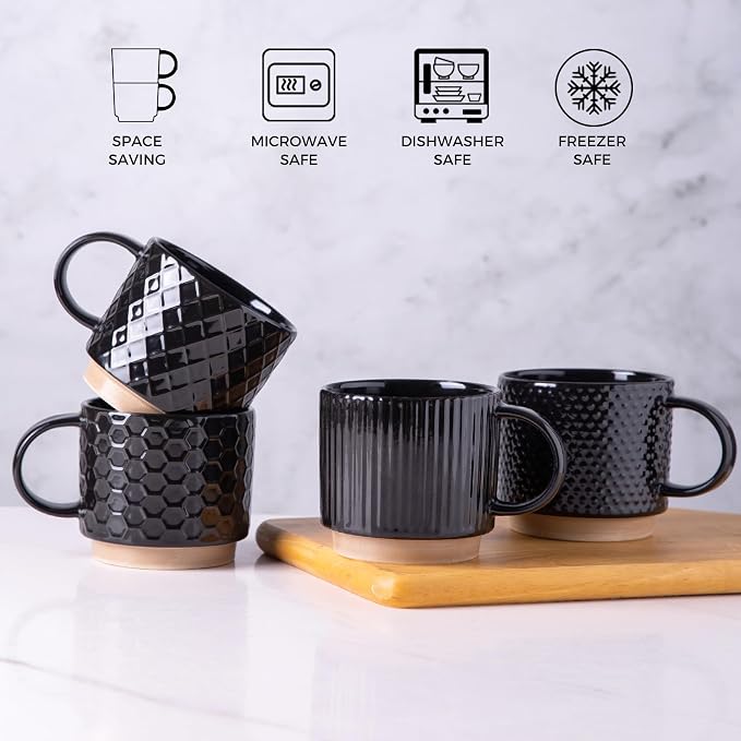 GBhome 6 OZ Stackable Coffee Mugs Set of 4, Ceramic Coffee Cups Set | 4 Assorted Designs, Embossed Mugs with Texture Patterns for Espresso/Tea, Dishwasher&Microwave Safe, Black