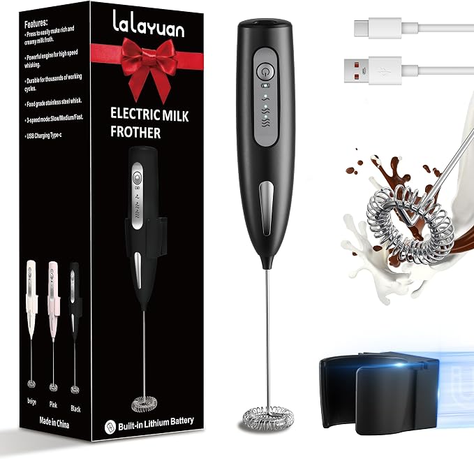 Electric Milk Frother, Three speed adjustment, USB Rechargeable Cordless Hand Blender with Sticky Stand Included, Portable Kitchen Stainless Steel Egg Beater, Mixed Drinks, Coffee Stirrers (Black set)