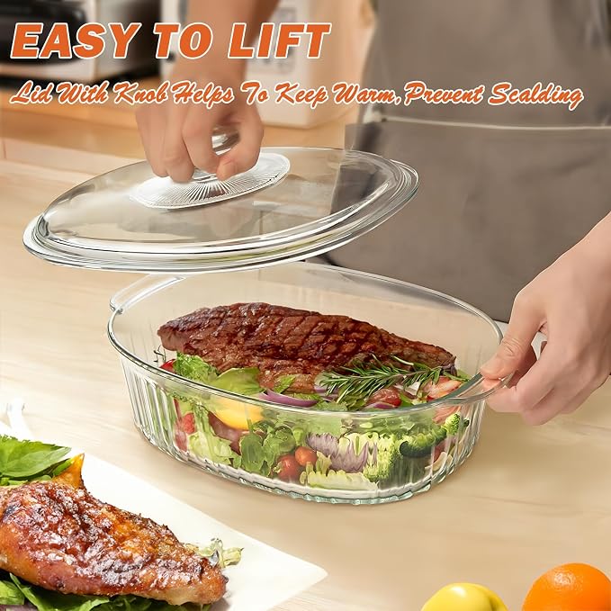 Reasim 2.8L/3Qt Glass Casserole Baking Dish with Lid, Large Oval Glass Casserole Dish with Lid,Mixing Bowl Food Container,Oven,Freezer&Microwave Safe,Clear Container