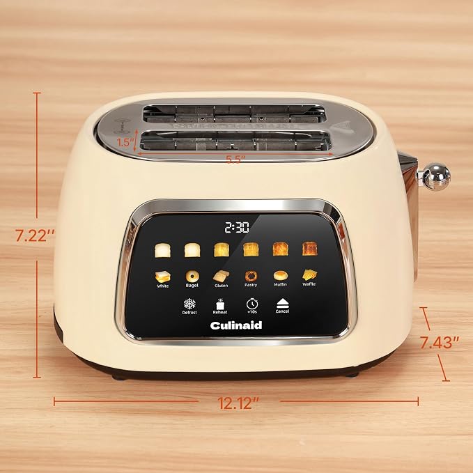 Toaster 2 Slice Smart Touch Screen, Retro 1.5'' Extra Wide Slot Stainless Steel Digital Bread Toaster with Memory Function, Bagel, Defrost, 6 Browning Levels and Removable Crumb Tray, Cream