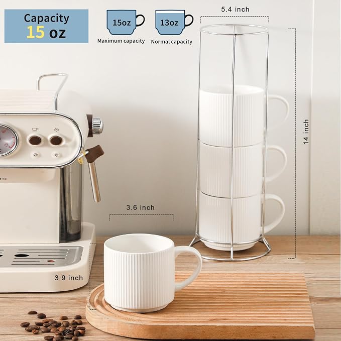 HASENSE Stackable Coffee Mugs,15oz Coffee mugs Set of 4,Ceramic Coffee Mug with Rack,Porcelain Coffee Cups for Latte,Cocoa, Americano, Hot Tea and Milk,Vertical Striped,White