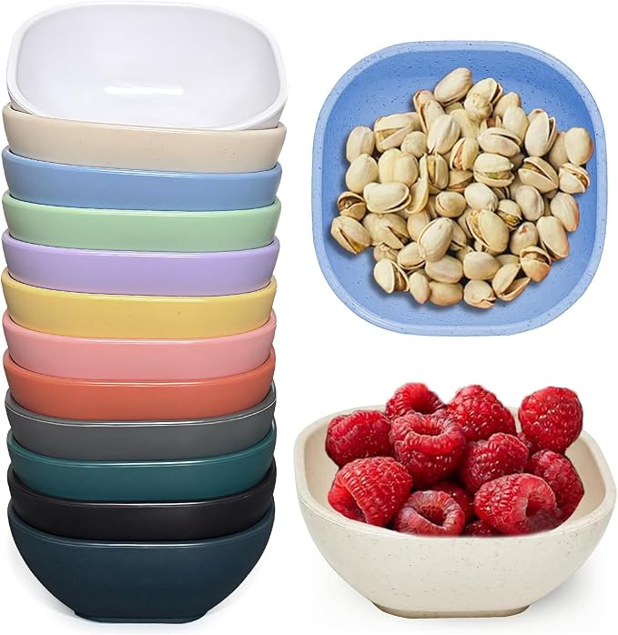 SHECIPIN 12 Pack Mini Square Dinnerware Bowls for Kids 4.5 OZ Unbreakable Wheat Straw Dipping Bowls, Nuts, Candy, or Dips(Multicolor)