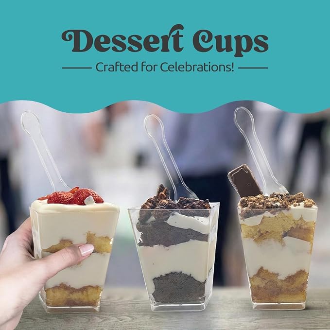 20 Pack 5 oz Dessert Cups with Lids and Spoons, Plastic Parfait | 60 pcs serves 20; disposable clear mini party set for mousse, tiramisu, pudding, appetizer, salad, yogurt, cake, wedding