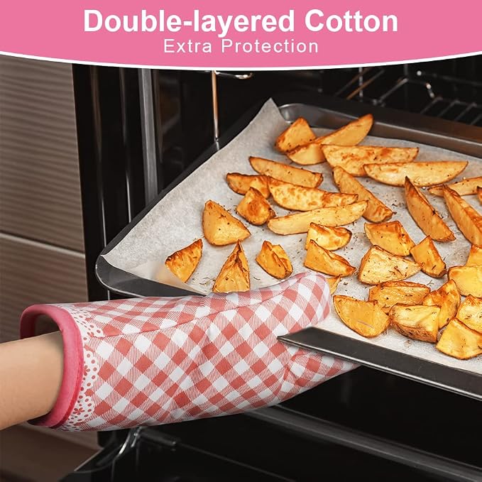 AUAUY Pink Oven Mitts, 1 Pair Kitchen Mittens, 392°F Heat Resistant | Oven Gloves Non-Slip Kitchen Gloves for Oven, BBQ Gloves Oven Mitts Infill Cotton Cooking Gloves for Oven Grilling Baking