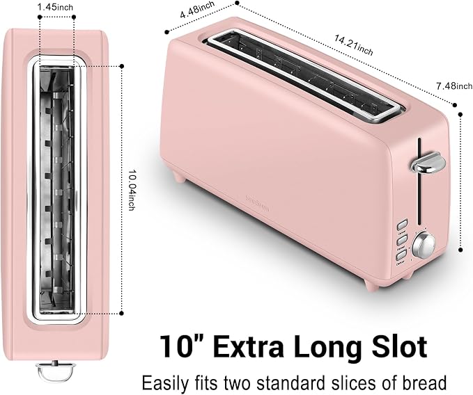 SEEDEEM Stainless Steel Toaster 2 Slice Slim, 10" Single Long Slot, Pink | 6 Shade Settings, Extra Wide Slot Fits Bagels & Artisan Bread, Defrost, Cancel Function, Removable Crumb Tray