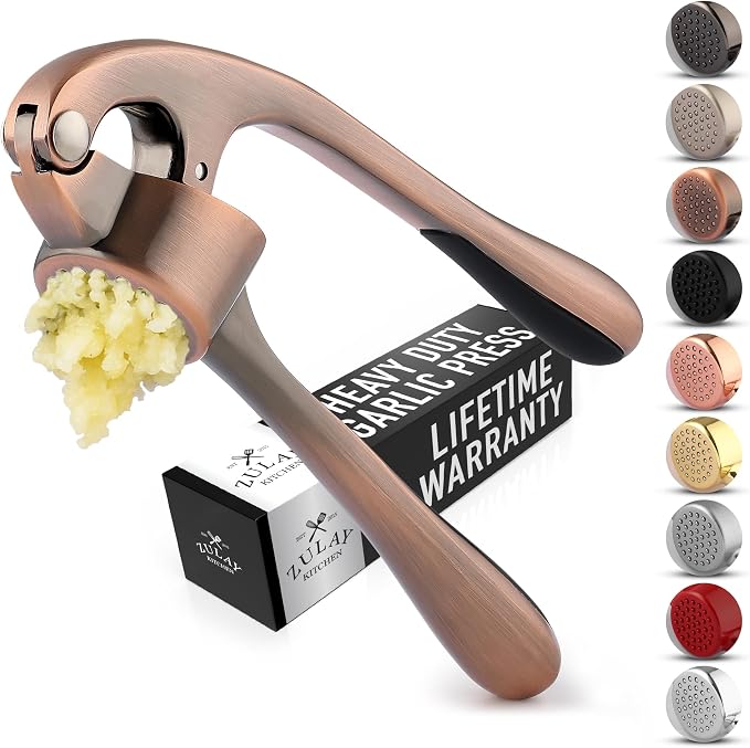 Zulay Kitchen Premium Garlic Press Set - Rust Proof Professional Garlic Mincer Tool - Easy-Squeeze, Easy-Clean with Soft, Ergonomic Handle - Silicone Garlic Peeler & Brush (Copper)