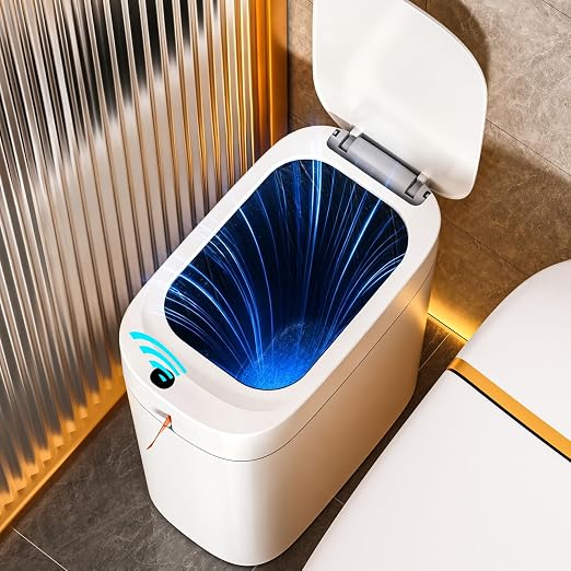 MOPUP Bathroom Trash Can, Automatic Bagging Garbage Can, 3.5 Gallon Slim Smart Small Plastic Trash Bin, Narrow Motion Sensor Trash Can for Bedroom, Office White