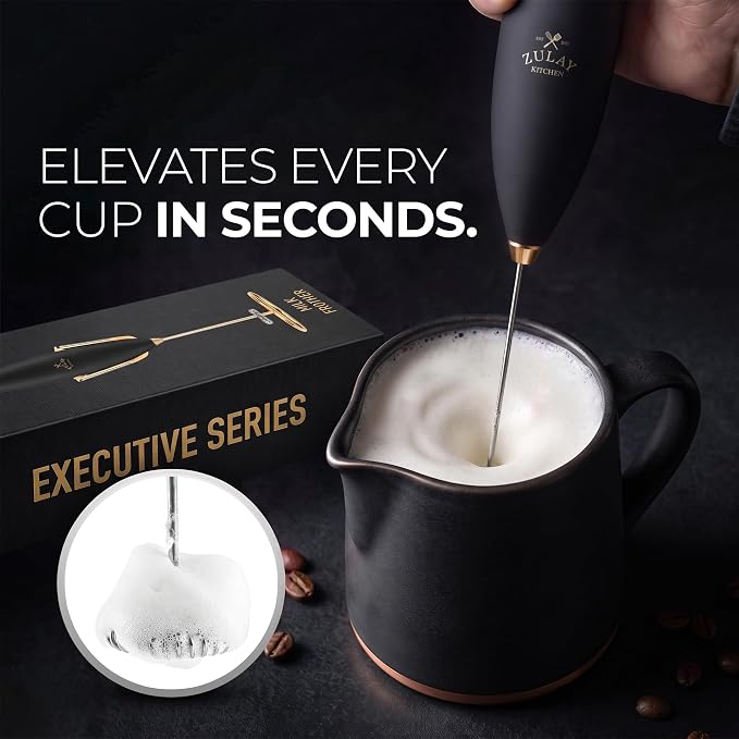 Zulay Kitchen Powerful Milk Frother Wand With Duracell Batteries - Ultra Fast Handheld Drink Mixer - Electric Whisk Foam Maker for Coffee, Lattes, Cappuccino & Matcha - Z1 Motor - Exec Black Gold