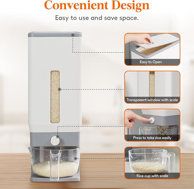 Lifewit Rice Dispenser 25 Lbs, Airtight Storage with Measuring Cup, Grey | BPA-Free 11.3kg Capacity Storage Container for Beans, Corn & Other Small Grains, One-Press Dispensing Bin for Kitchen Pantry